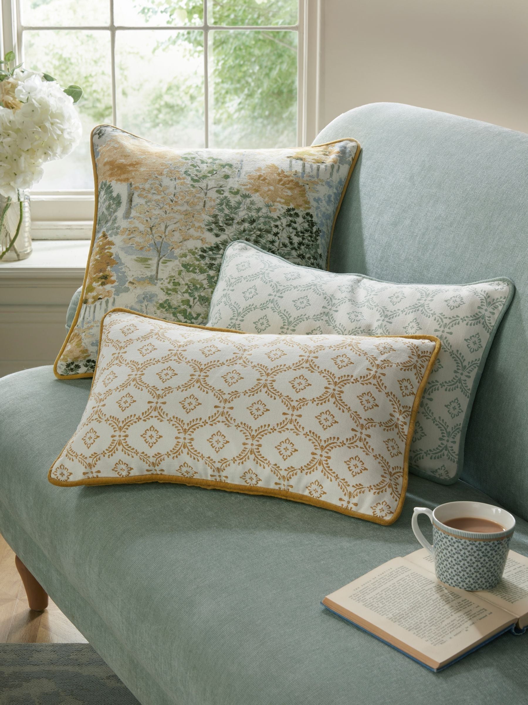Laura Ashley yellow ochre cotton cushion with plush pad, imported from the UK