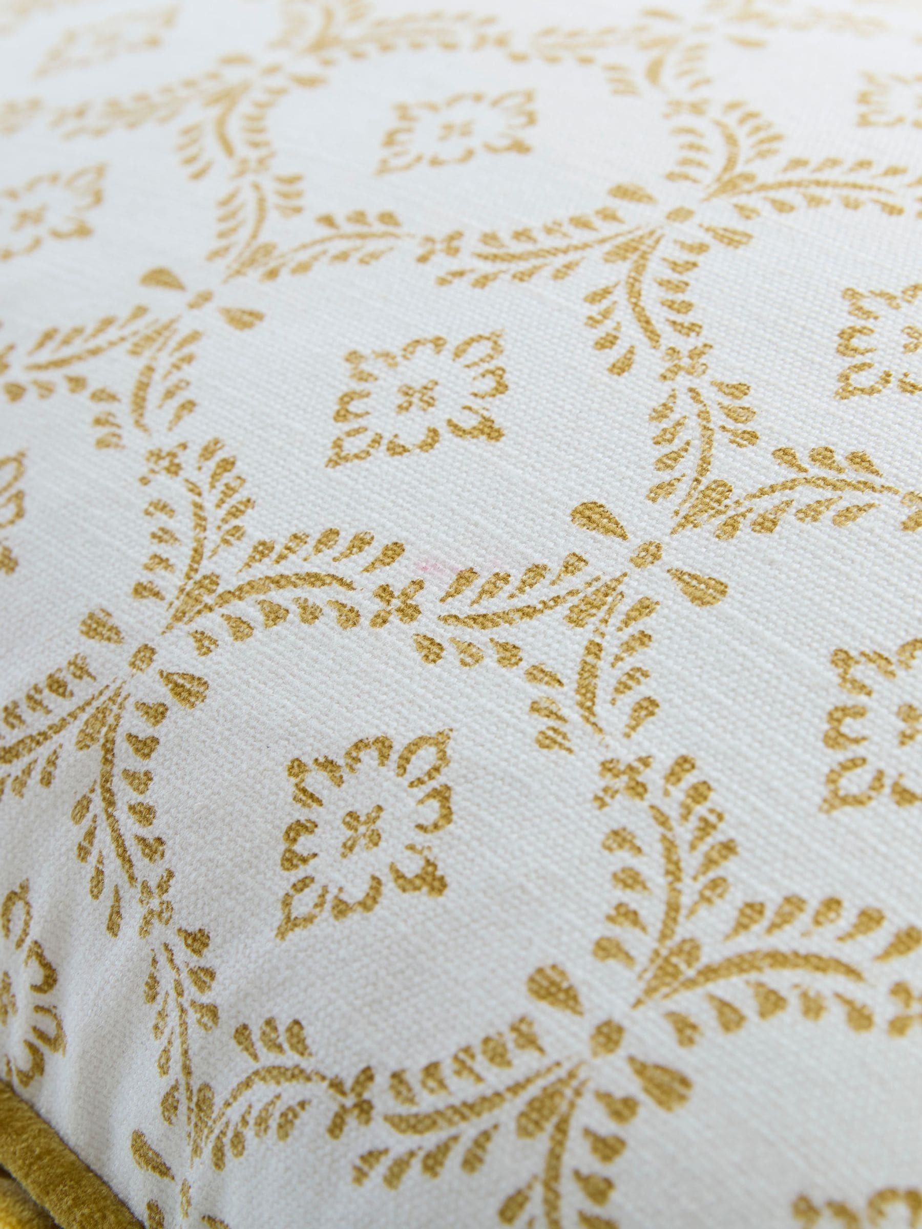Laura Ashley yellow ochre cotton cushion with plush pad, imported from the UK