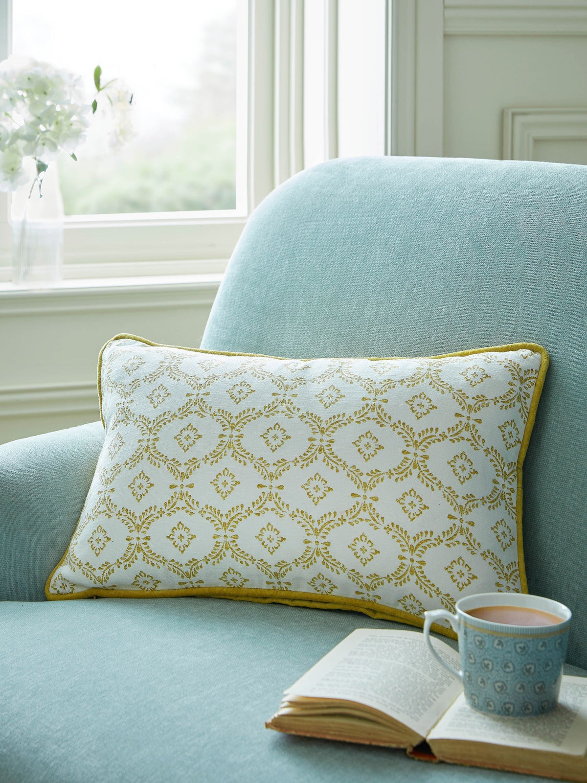 Laura Ashley yellow ochre cotton cushion with plush pad, imported from the UK