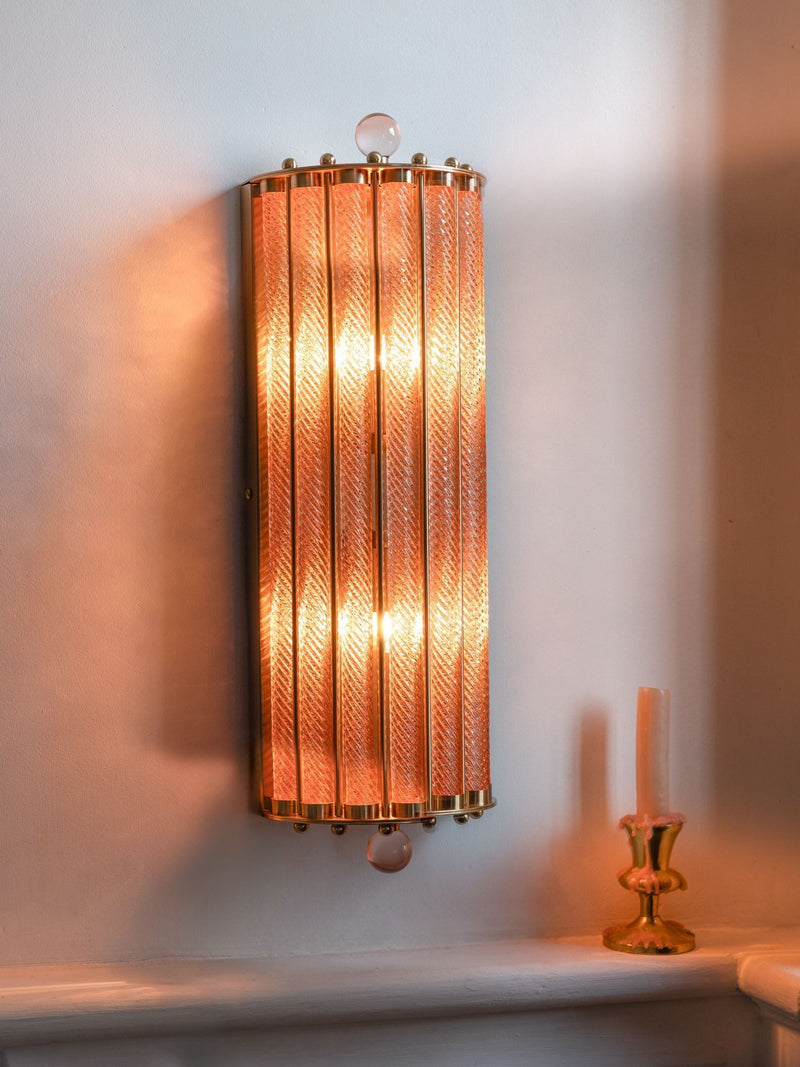 Rockett St George vintage ribbed glass wall light pink and brass, imported from the UK