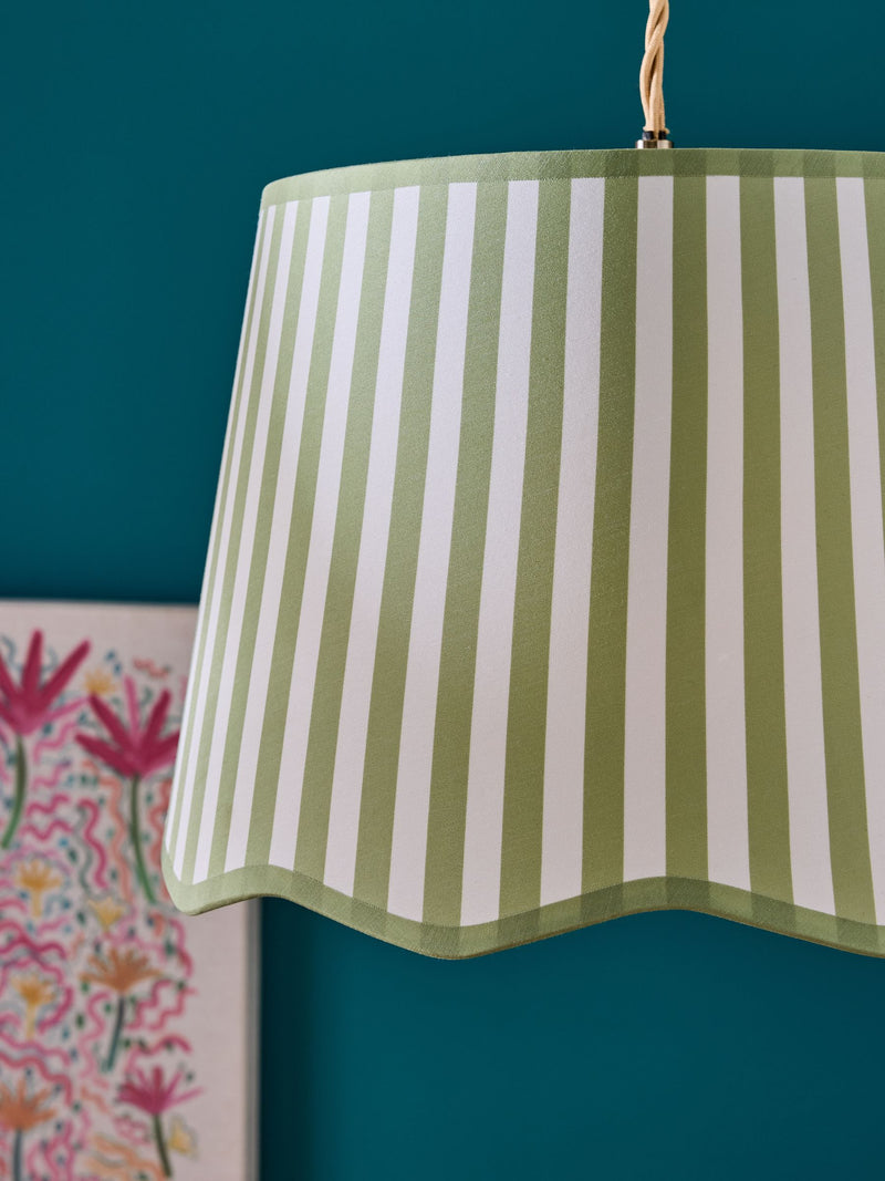 Lucy Tiffney scallop stripe lamp shade green ecru, UK version