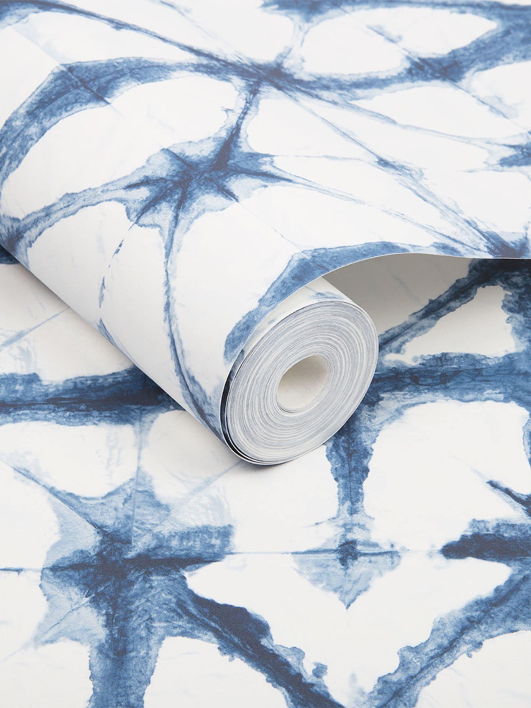 Graham & Brown blue A4 wallpaper sample with indigo shibori pattern (British brand)
