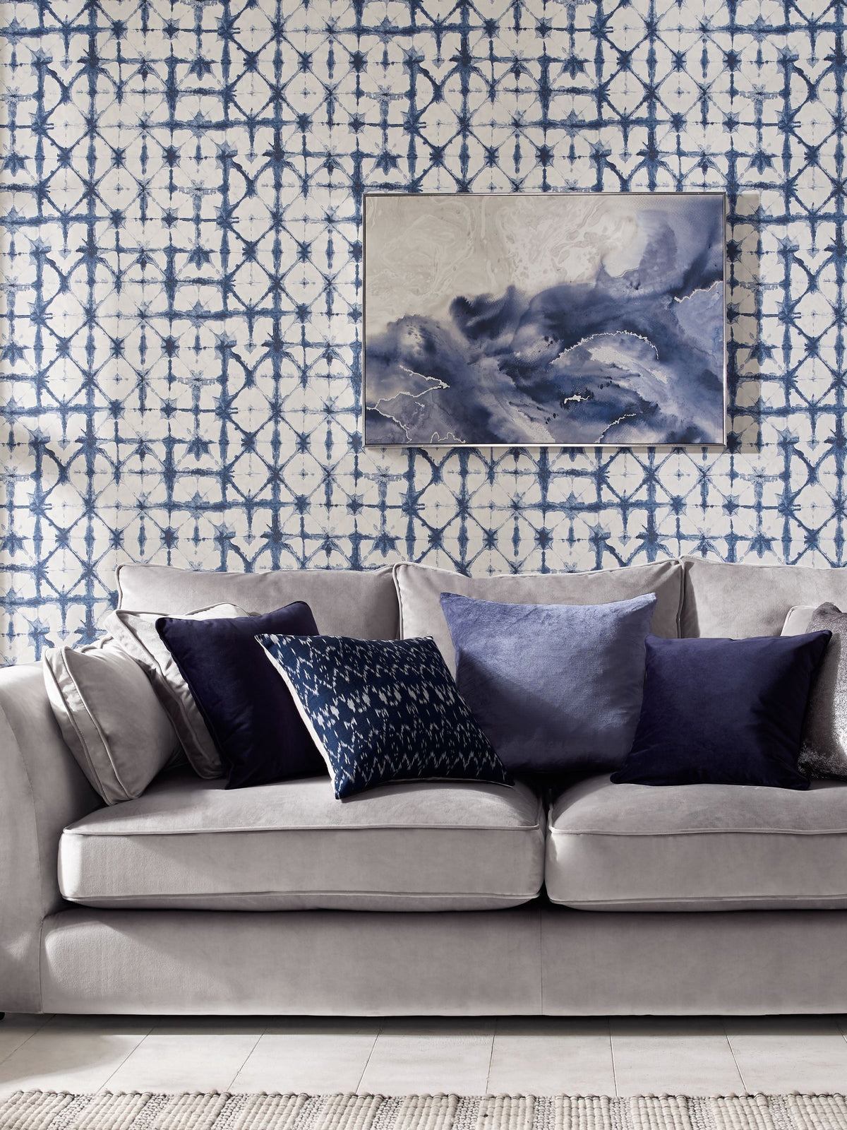 Graham & Brown blue A4 wallpaper sample with indigo shibori pattern (British brand)