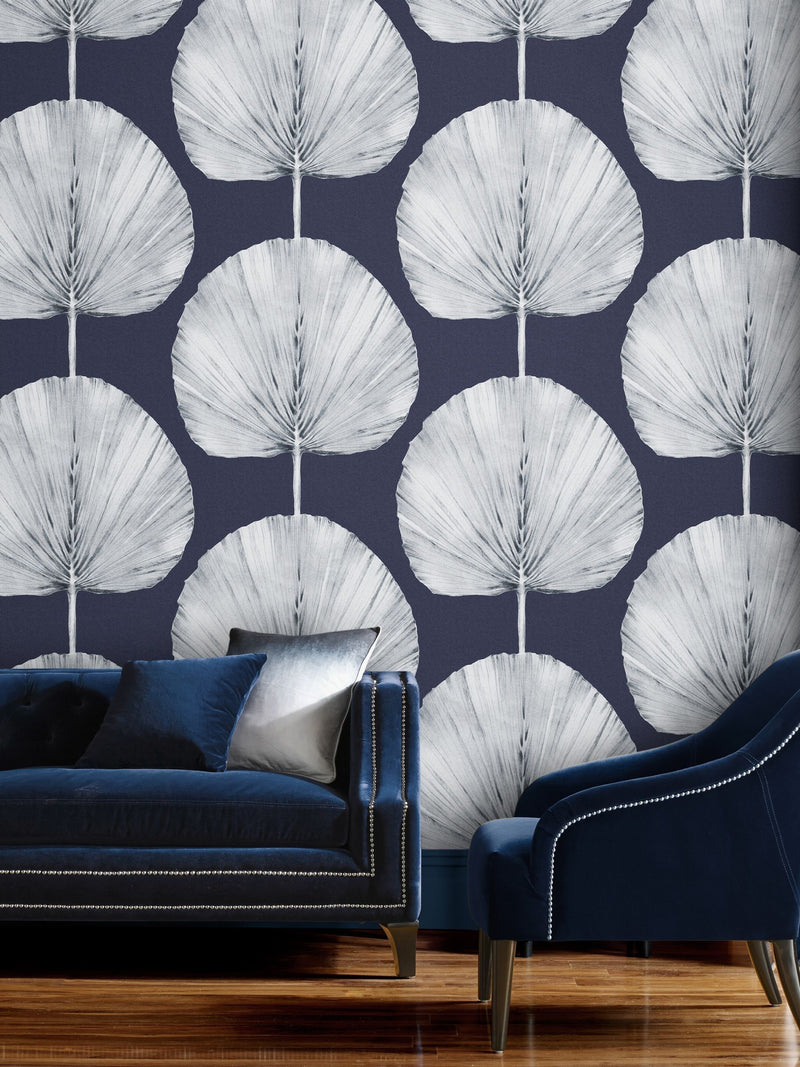 Graham & Brown Navy Palm Fan wallpaper sample A4 (British brand)