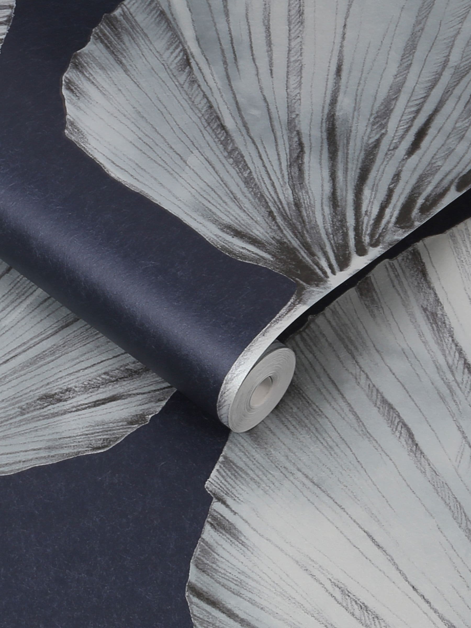 Graham & Brown Navy Palm Fan wallpaper sample A4 (British brand)