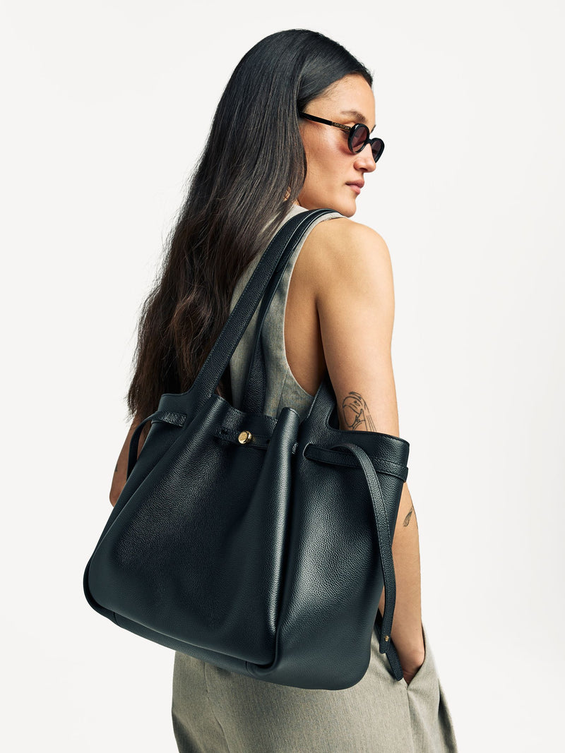 Tory Burch Black Romy Pebbled Tote Bag, imported from the UK