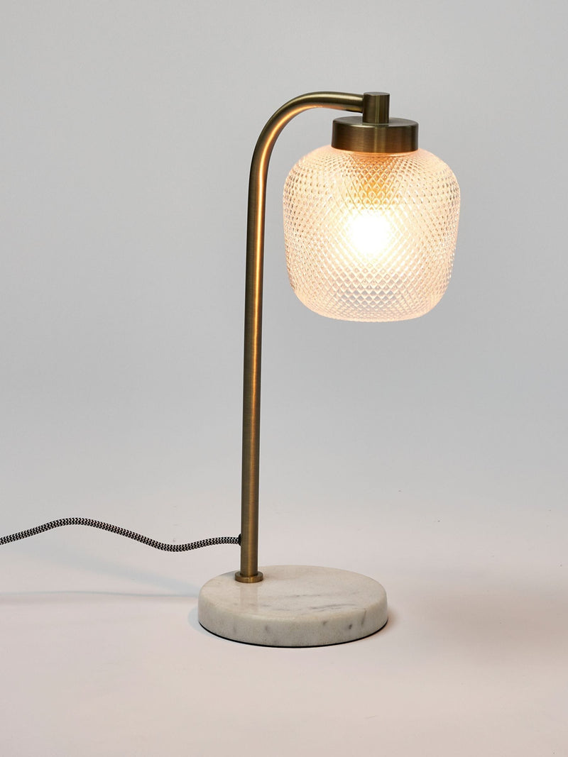 Oliver Bonas Clear Luce gold glass marble desk table lamp, imported from the UK