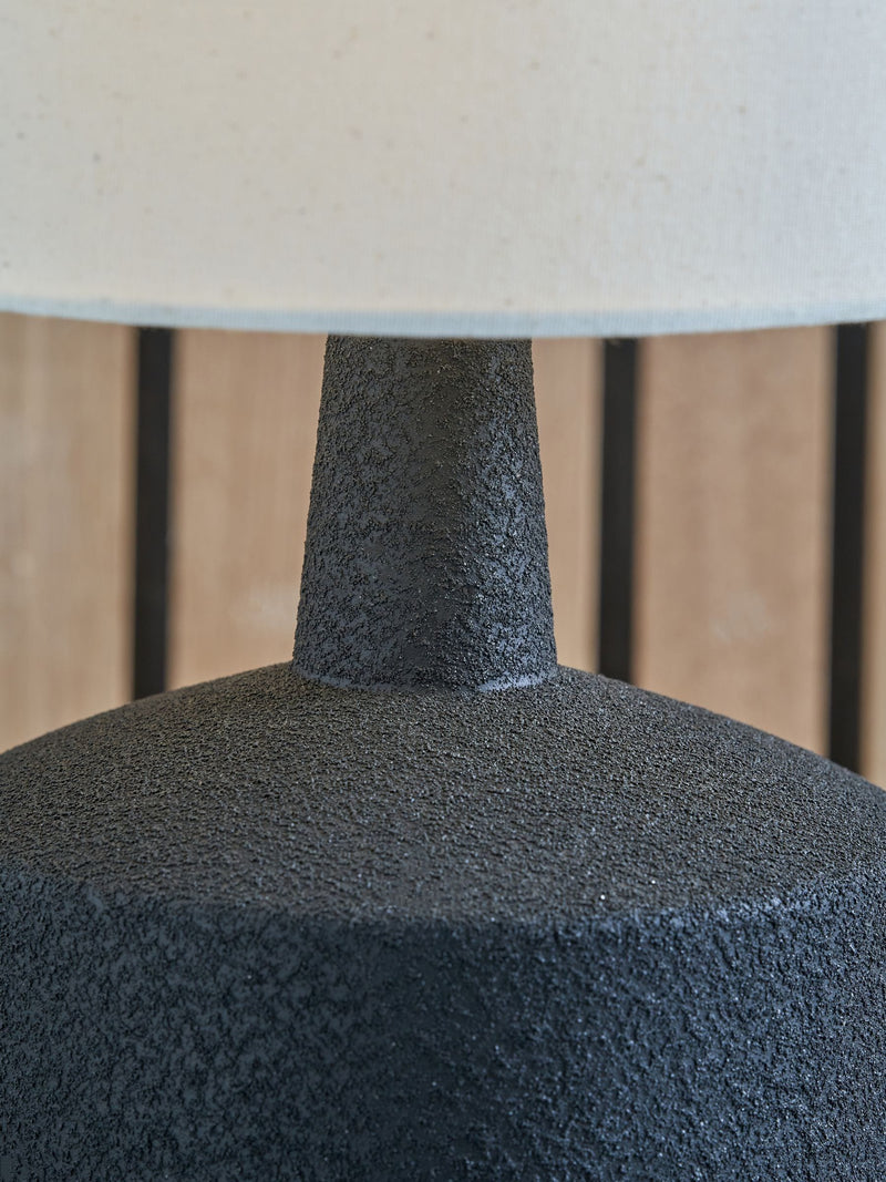 Pacific black wood effect ceramic table lamp with white shade, UK version