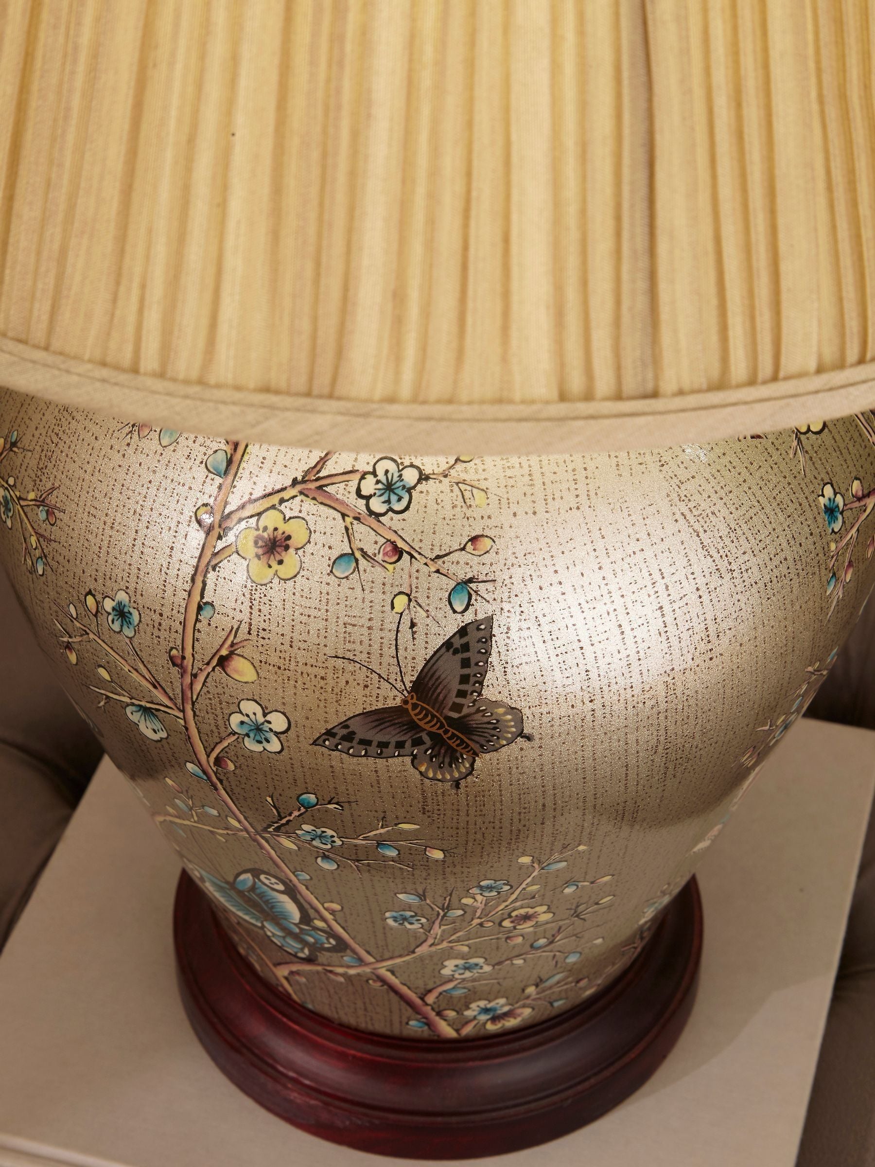 Pacific Gold butterfly ceramic table lamp with tapered shade (British brand)