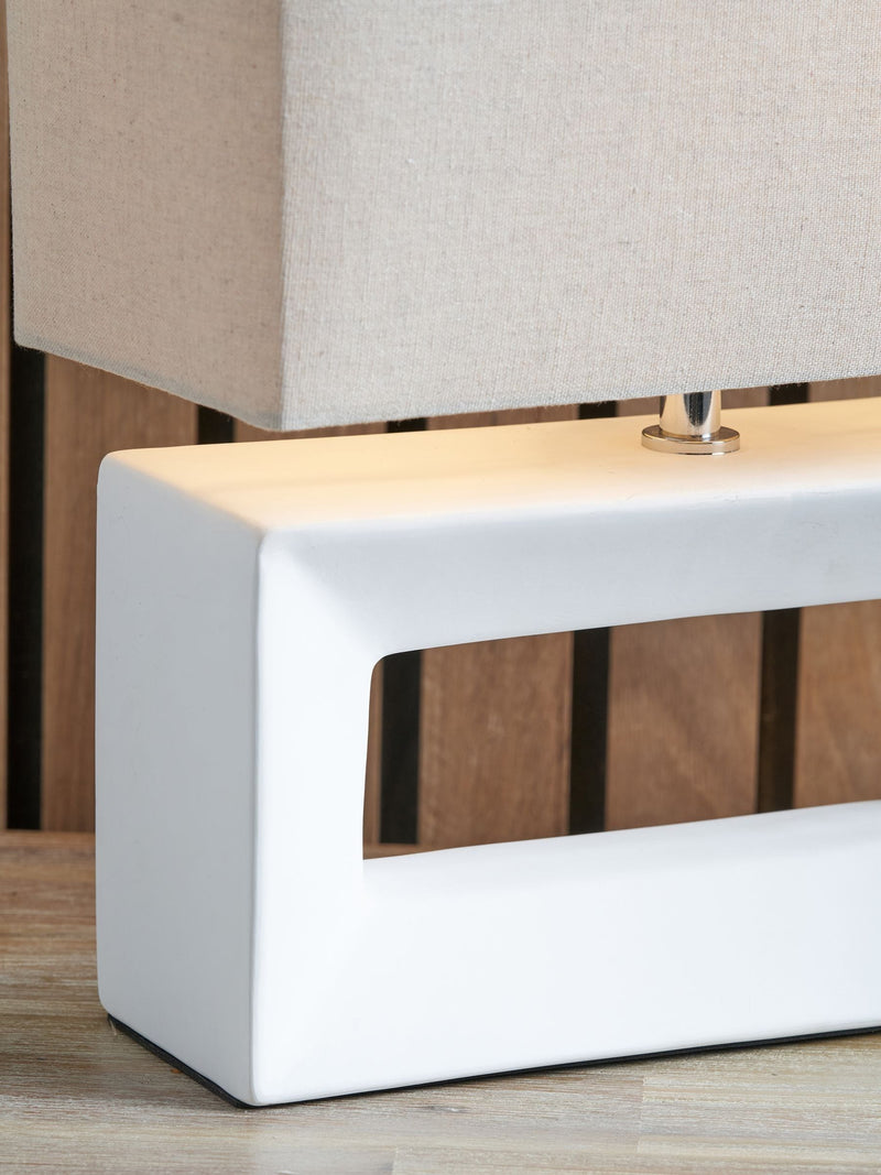 White ceramic rectangular table lamp with linen shade - British product
