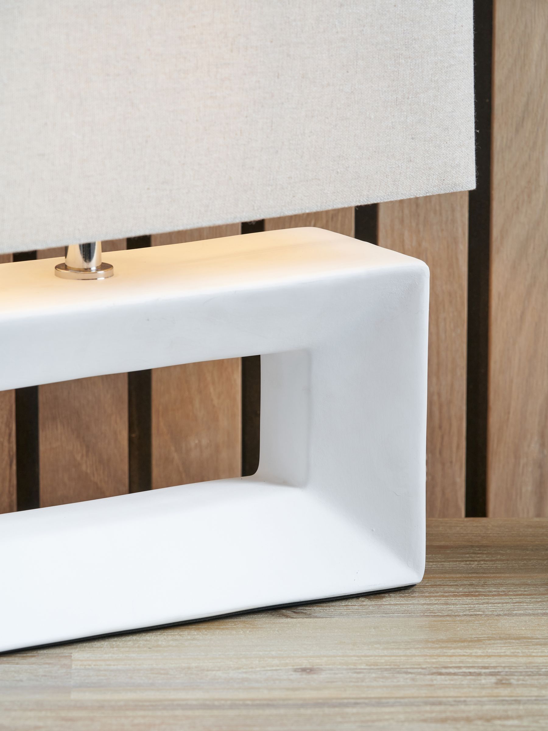 White ceramic rectangular table lamp with linen shade - British product