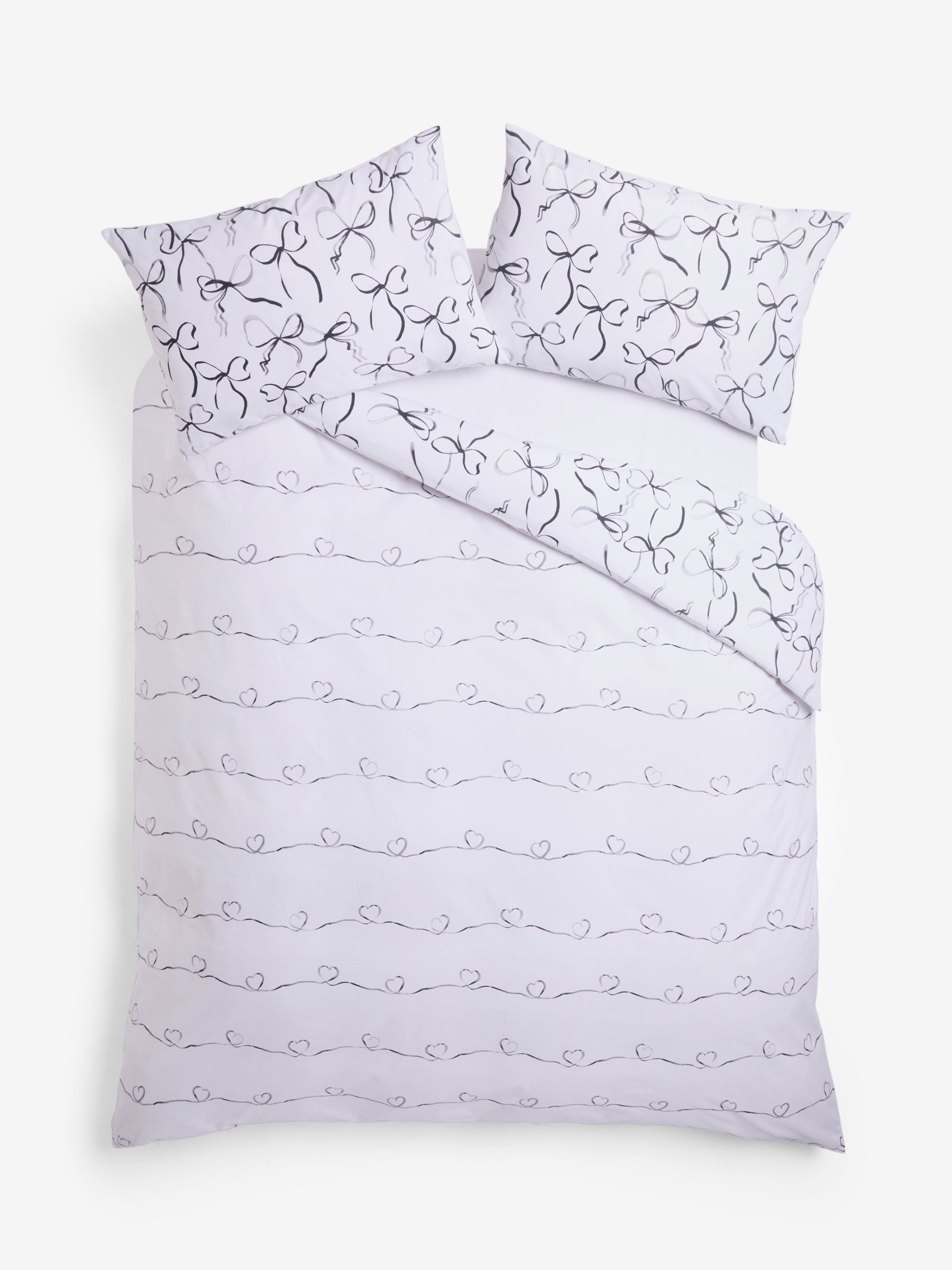 Black/white bow heart reversible duvet cover set - British product
