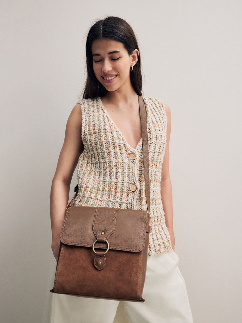 Tan Brown Leather Pocket Messenger Bag