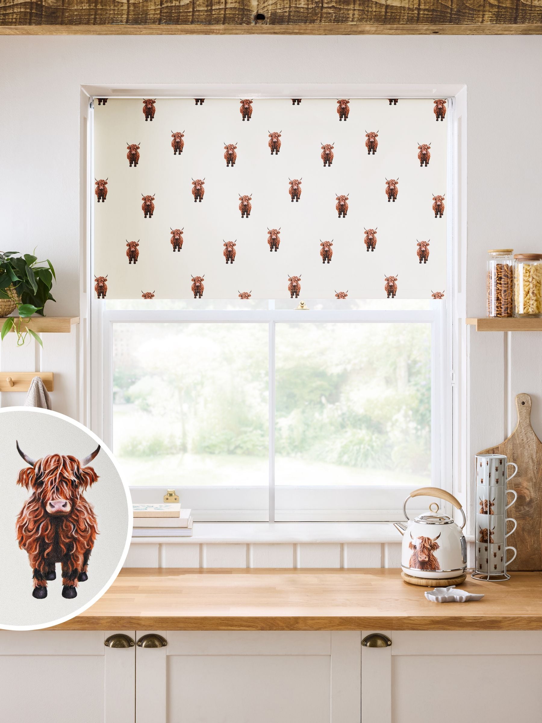 Natural Hamish Highland Cow blackout roller blind, imported from the UK