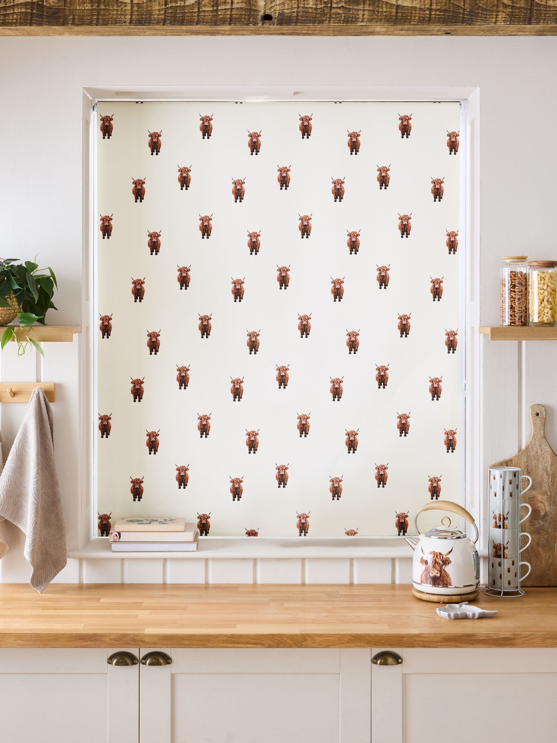 Natural Hamish Highland Cow blackout roller blind, imported from the UK
