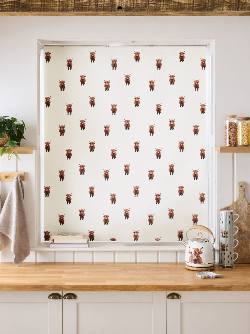 Natural Hamish Highland Cow blackout roller blind, imported from the UK