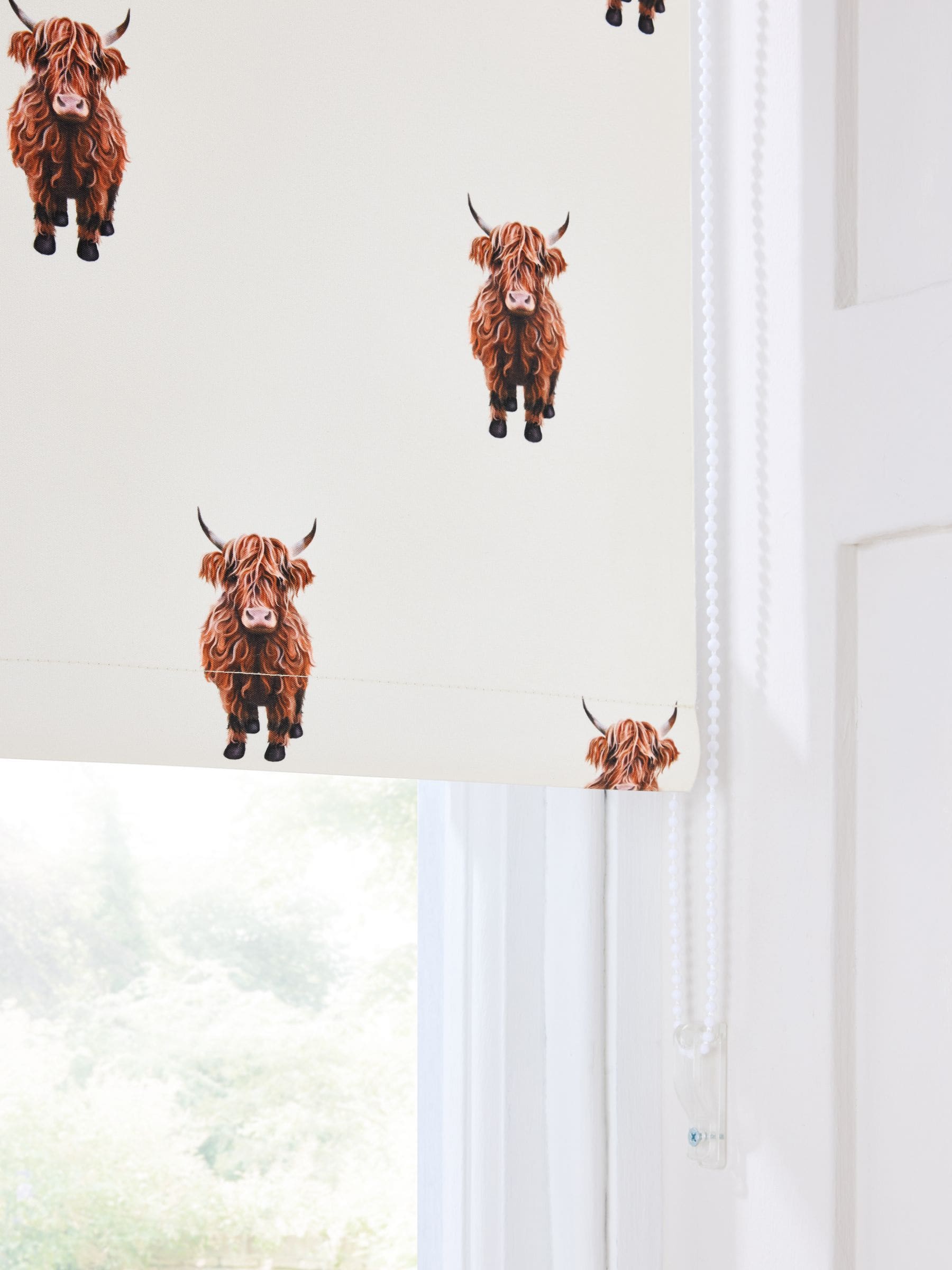 Natural Hamish Highland Cow blackout roller blind, imported from the UK