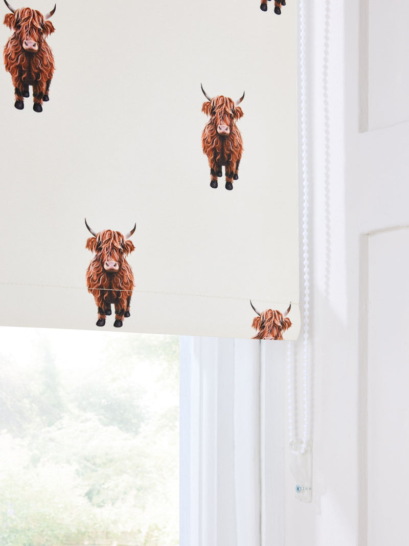 Natural Hamish Highland Cow blackout roller blind, imported from the UK