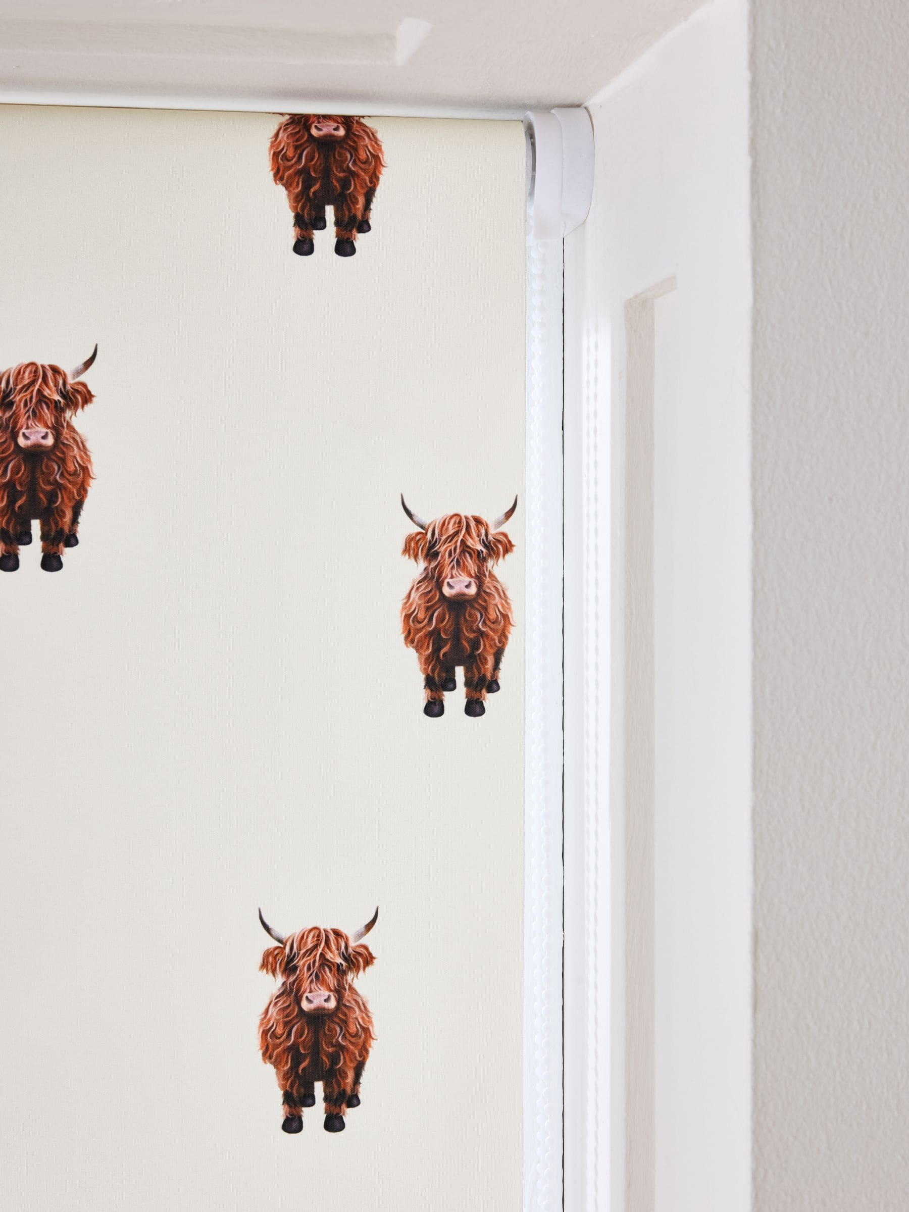 Natural Hamish Highland Cow blackout roller blind, imported from the UK