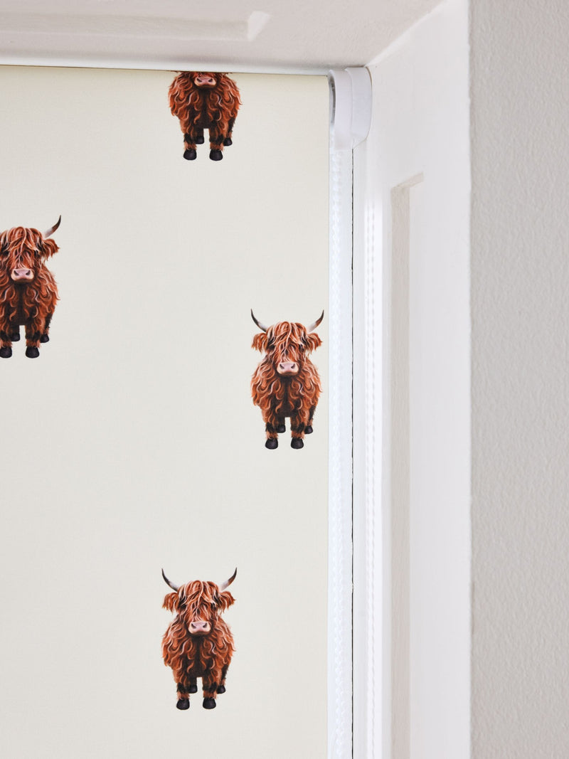 Natural Hamish Highland Cow blackout roller blind, imported from the UK