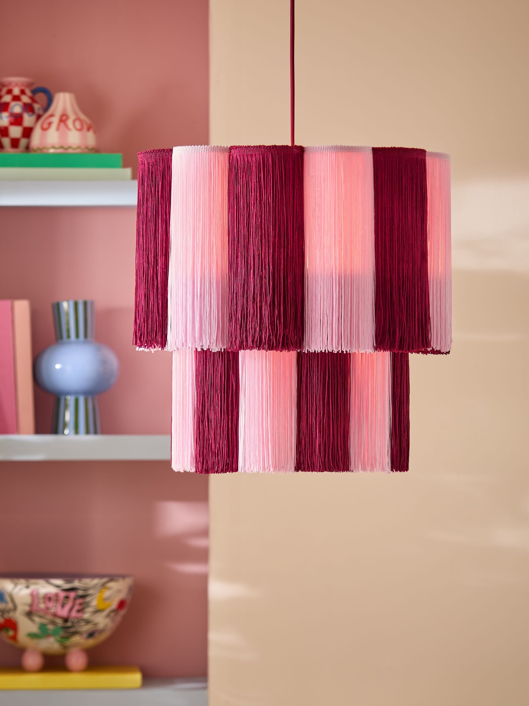 Eleanor Bowmer red pink scalloped tassel pendant light, imported from the UK