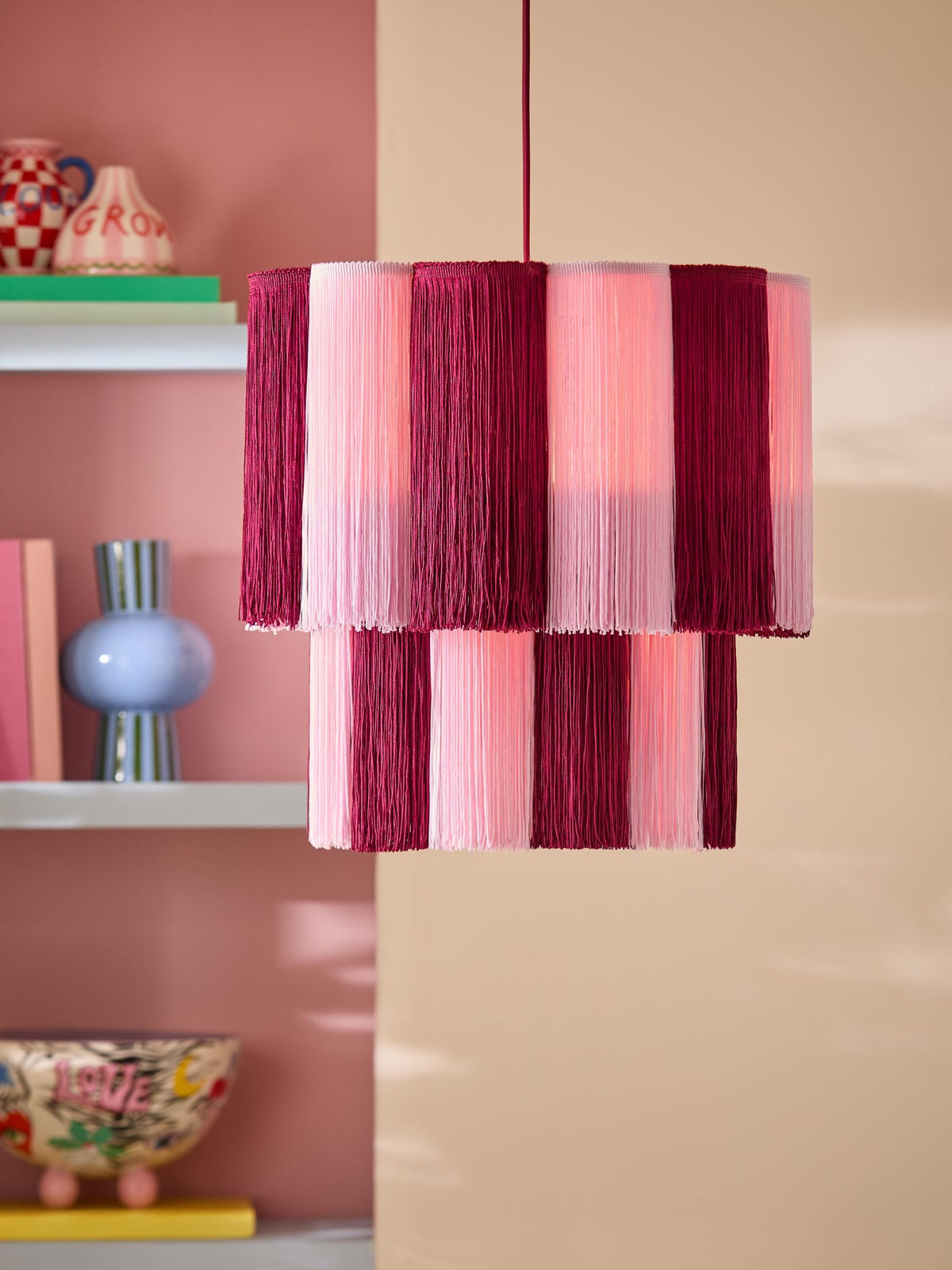 Eleanor Bowmer red pink scalloped tassel pendant light, imported from the UK