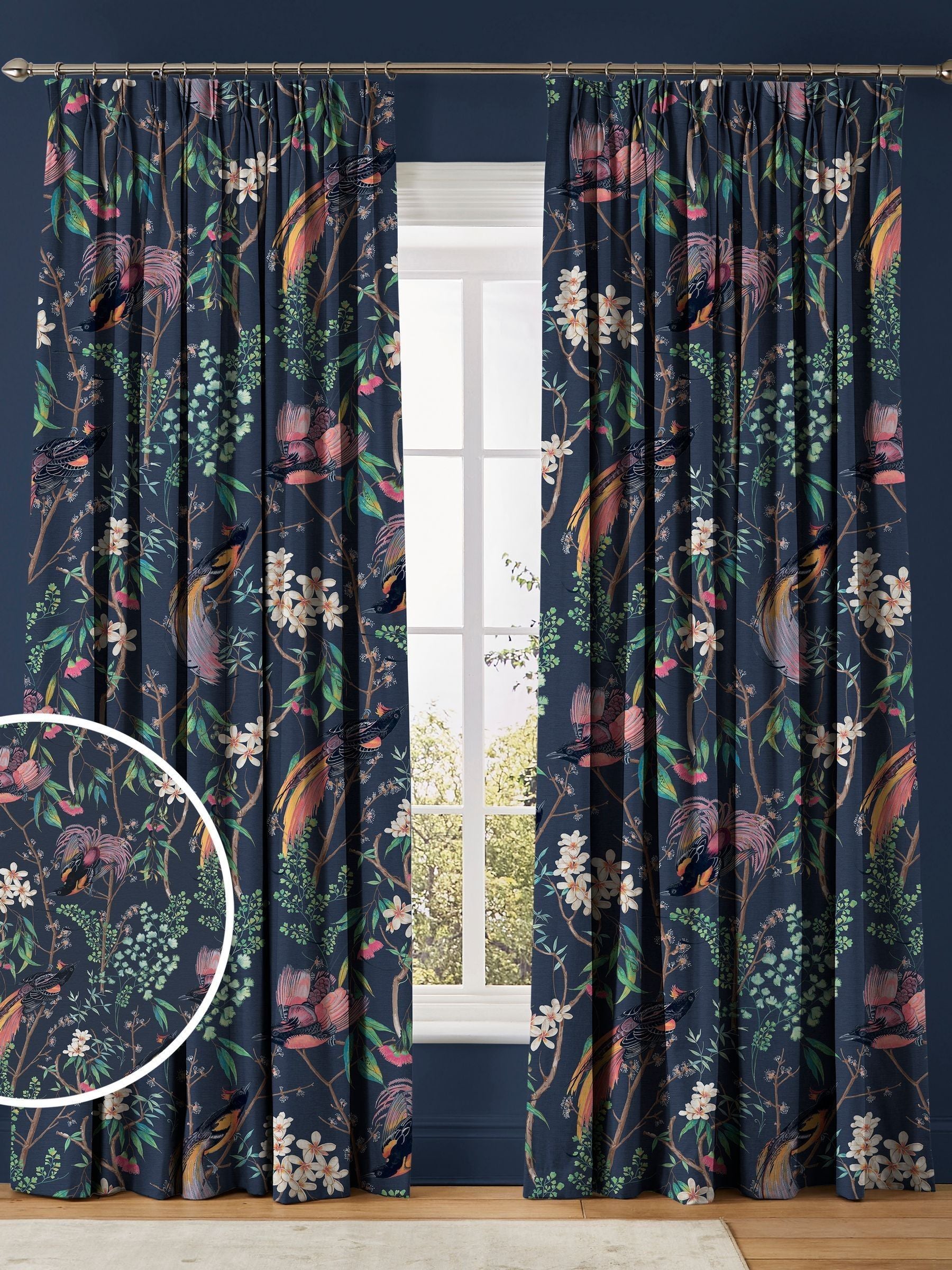 Graham & Brown Night Blue Clavering Birds made to measure curtains, imported from the UK