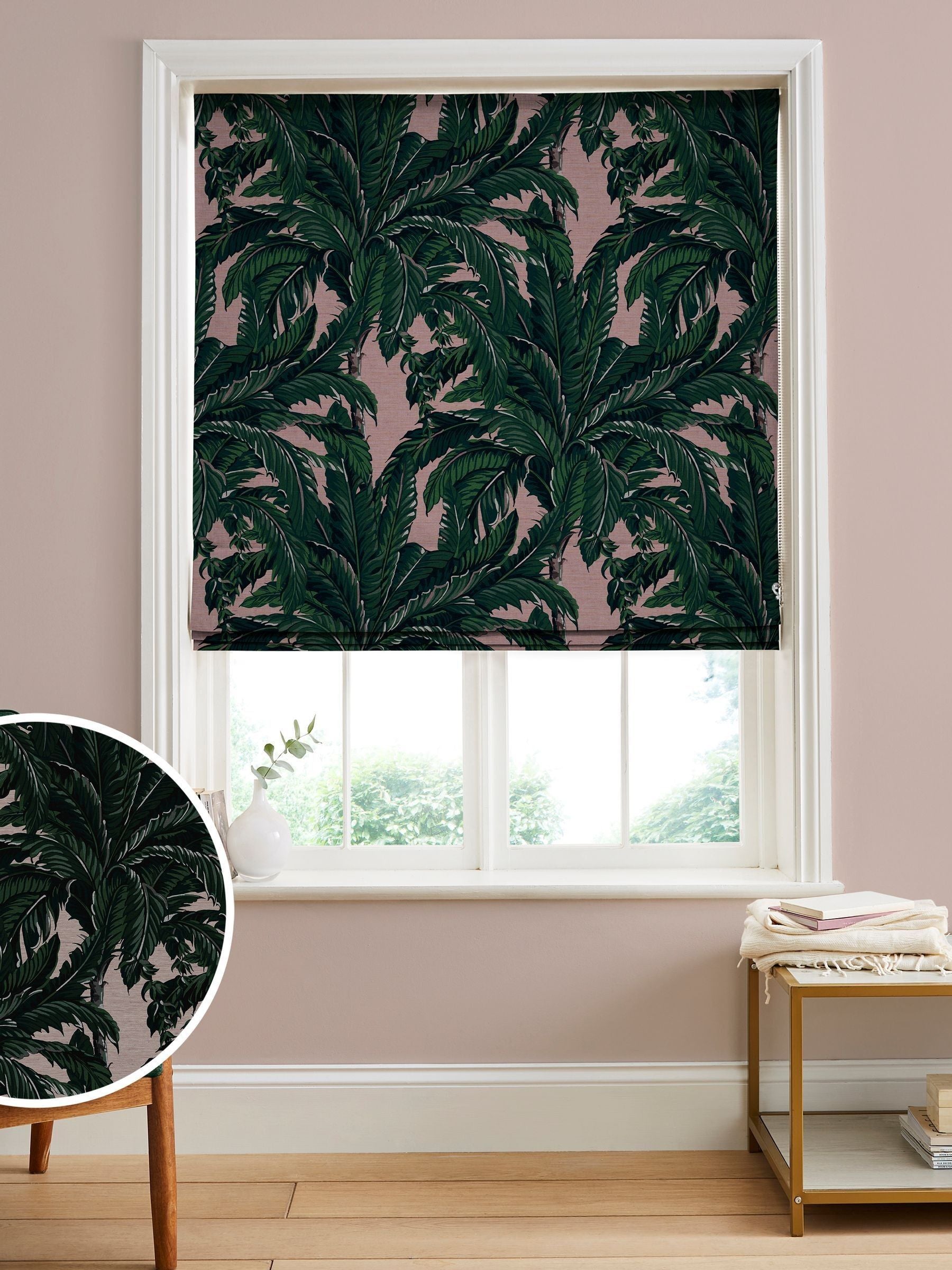 Graham & Brown blush pink Daintree palm roman blind (British brand)