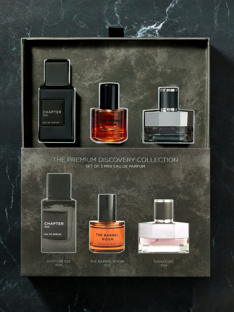 Travel-size Eau de Parfum set with The Barrel Room, Chapter 022, Signature 10ml & 30ml (British brand)