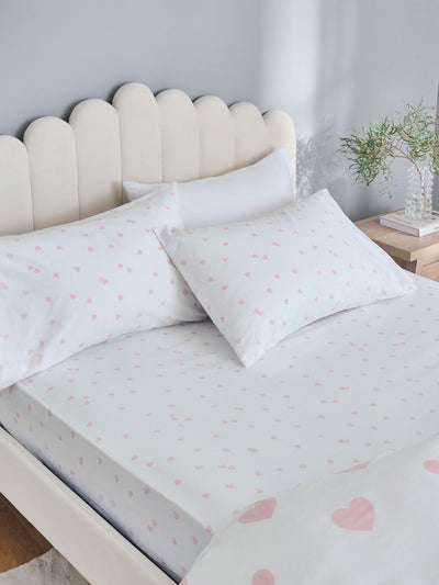 White/Pink Heart Fitted Sheet and Pillowcase Set Single