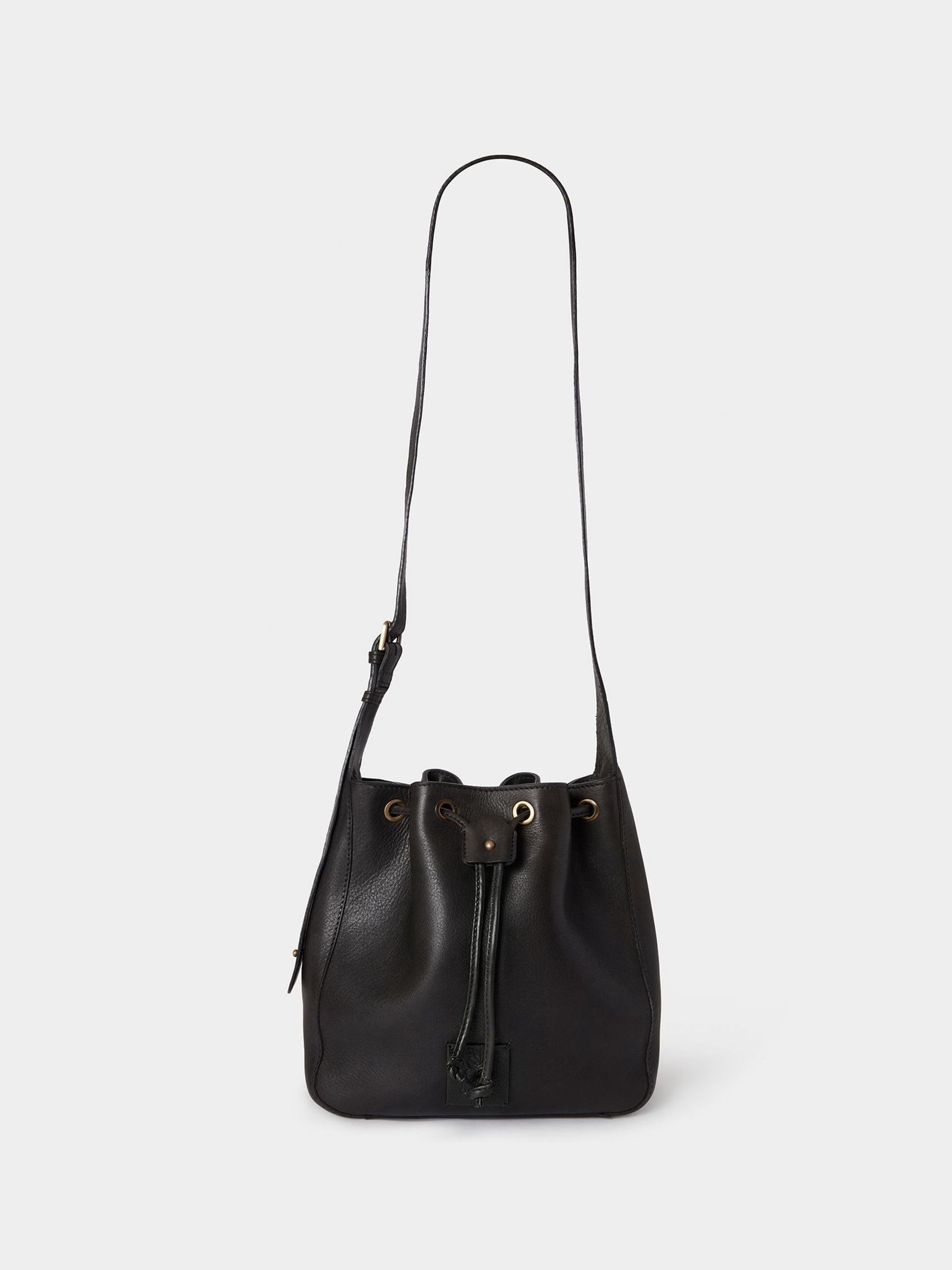 Osprey London Monterrey leather bucket bag in black, imported from the UK