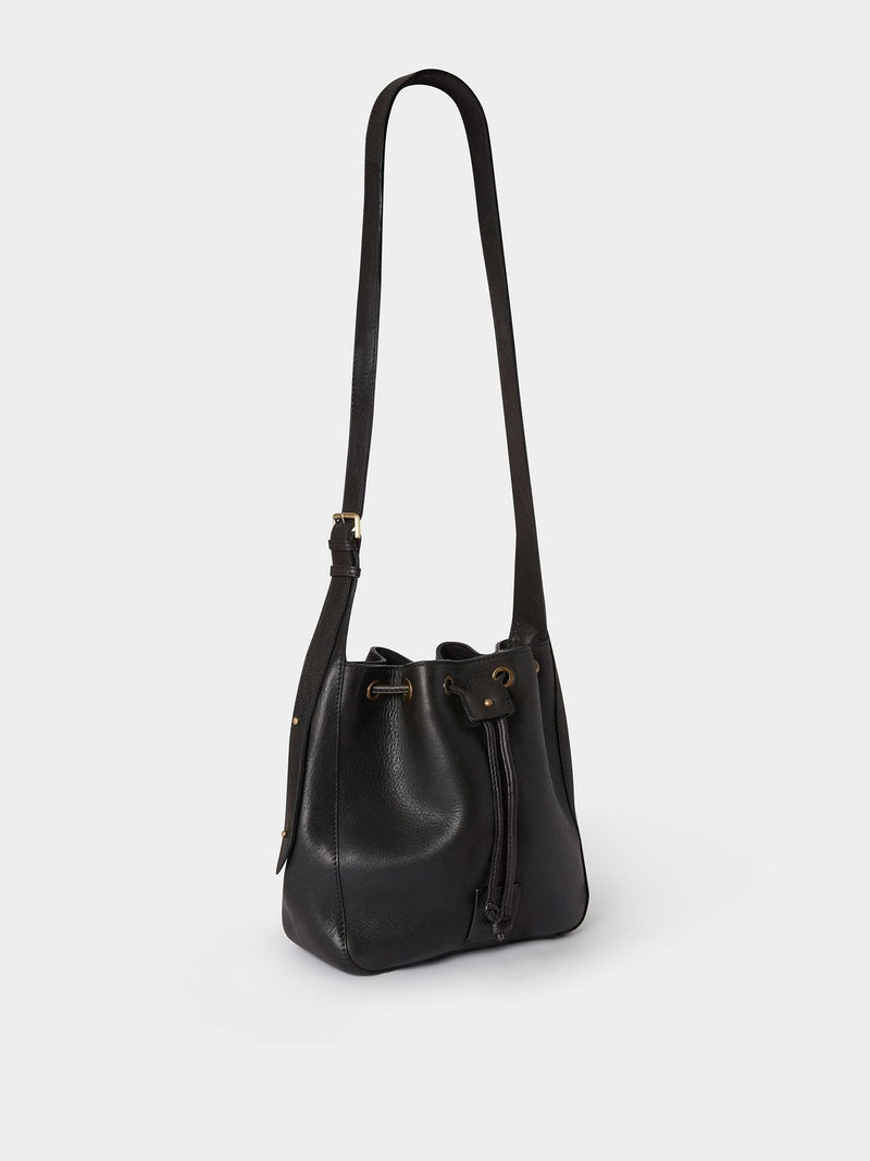 Osprey London Monterrey leather bucket bag in black, imported from the UK