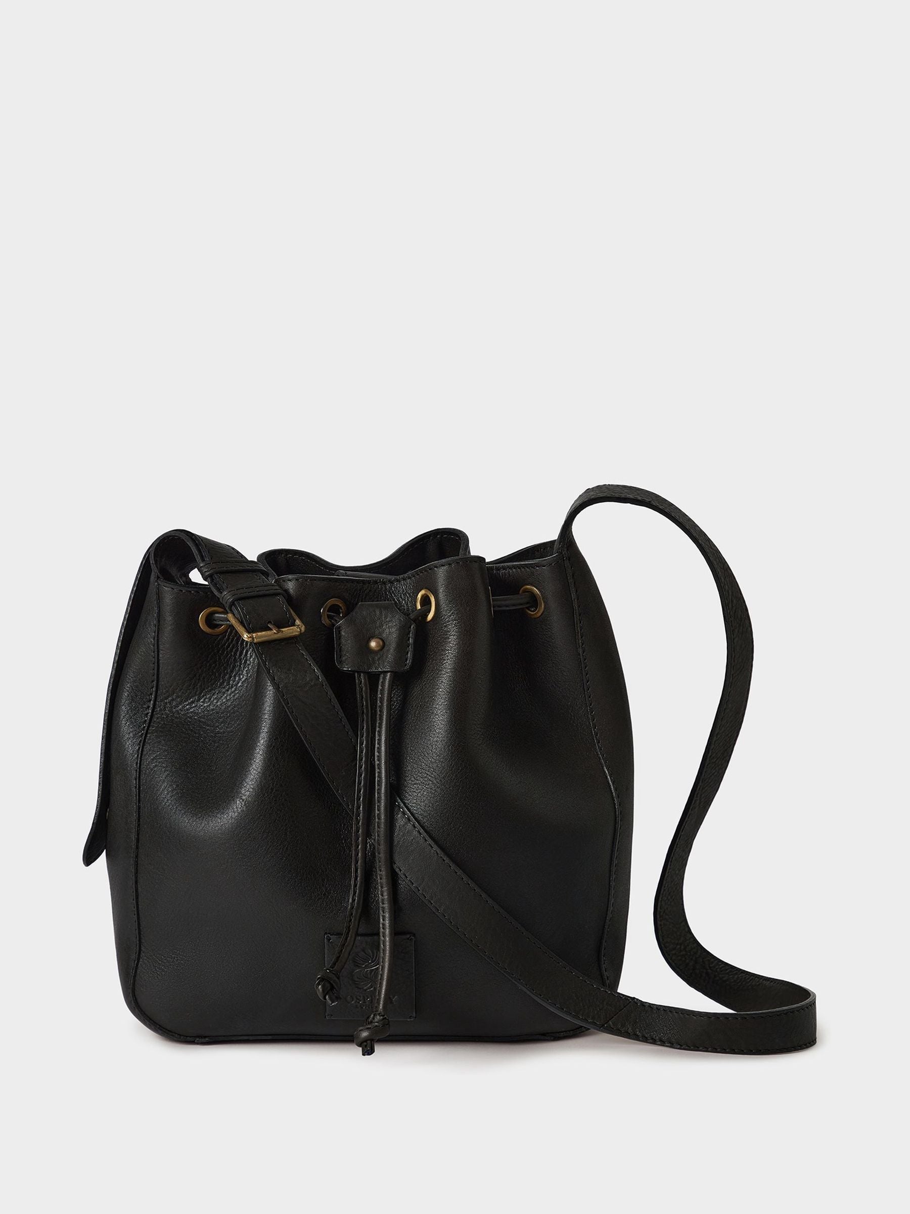 Osprey London Monterrey leather bucket bag in black, imported from the UK