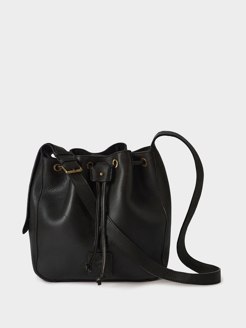 Osprey London Monterrey leather bucket bag in black, imported from the UK