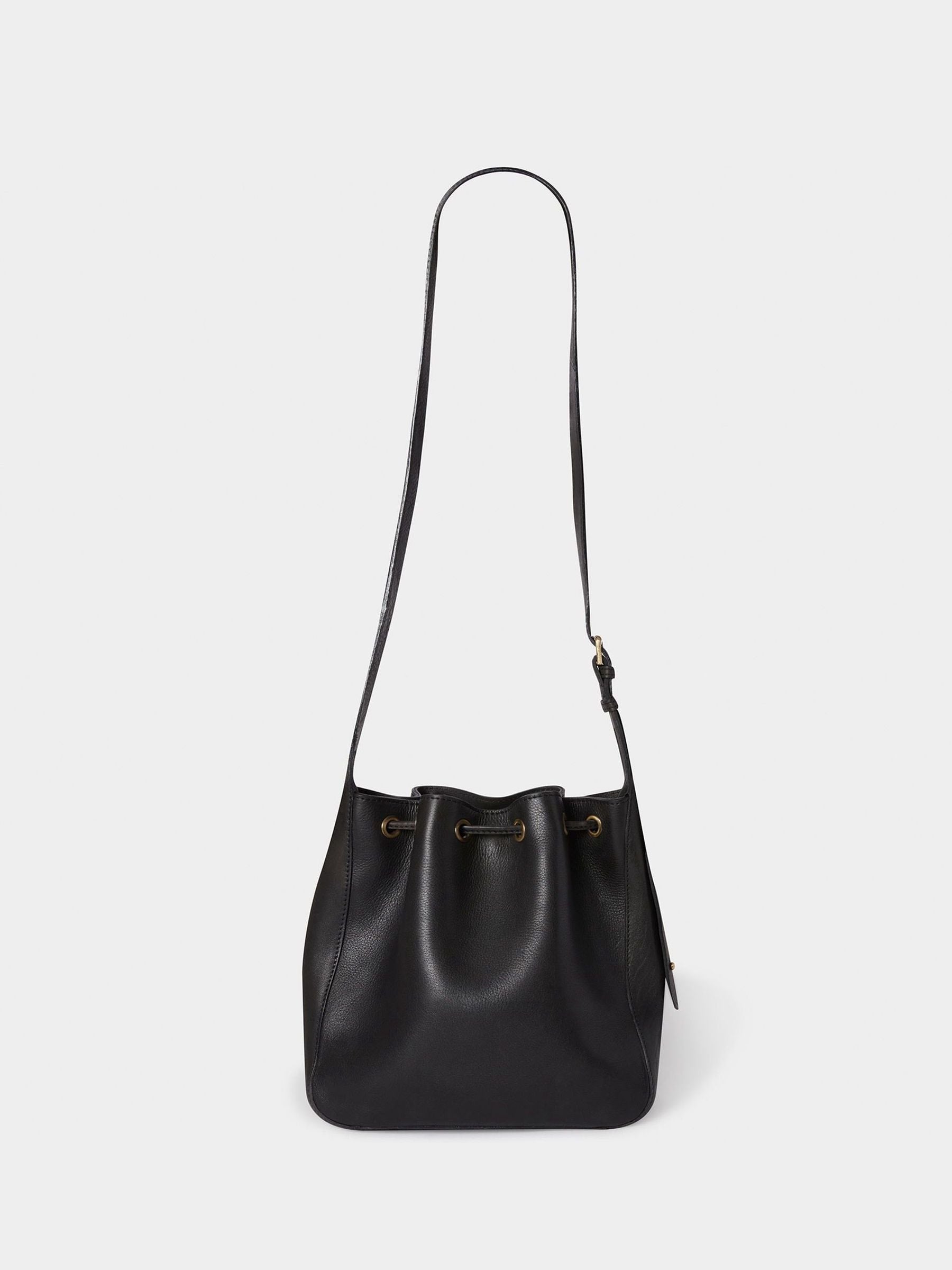 Osprey London Monterrey leather bucket bag in black, imported from the UK