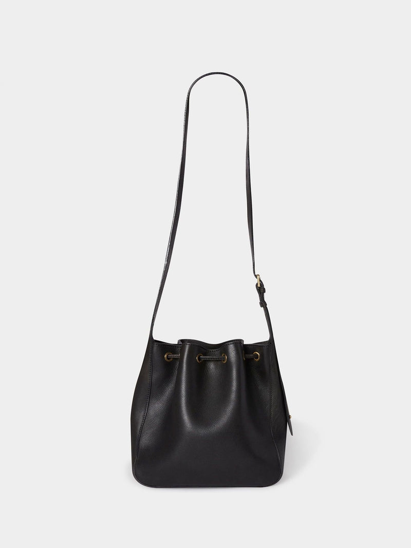 Osprey London Monterrey leather bucket bag in black, imported from the UK