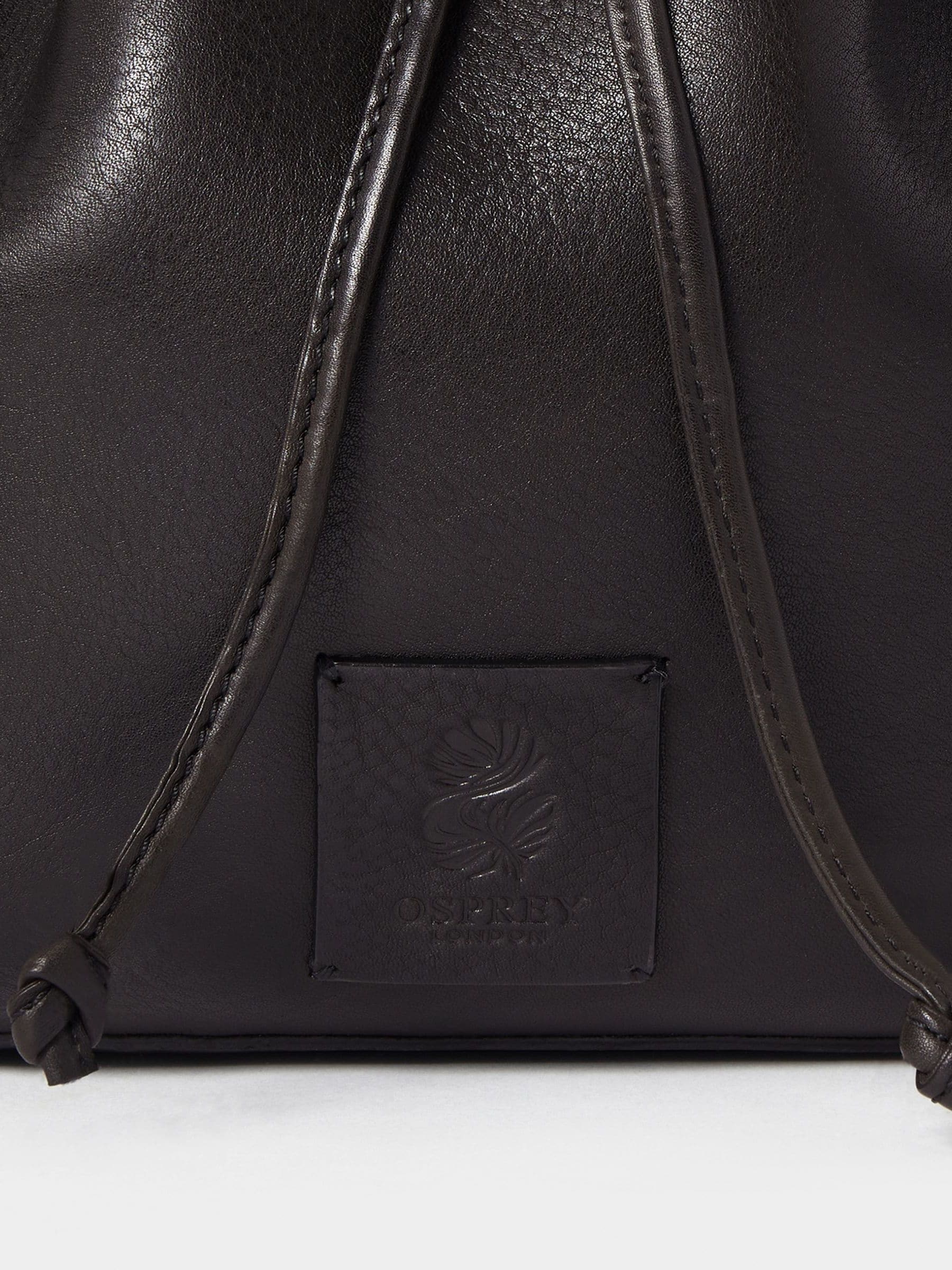 Osprey London Monterrey leather bucket bag in black, imported from the UK