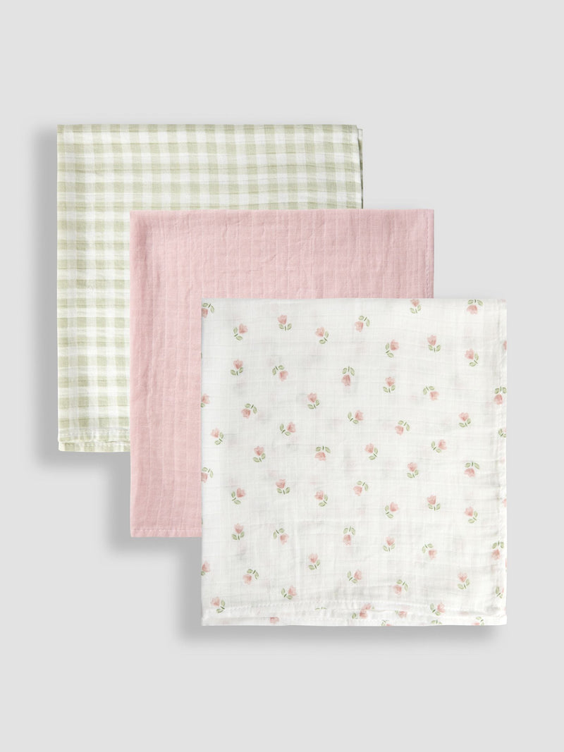 JoJo Maman Bébé gingham floral muslin cloths 3-pack - British product