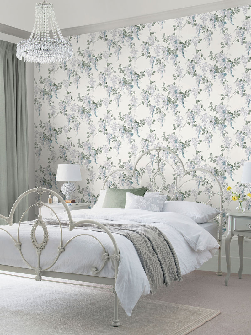 Laura Ashley Mirabelle wallpaper sample in Pale Seaspray, UK version
