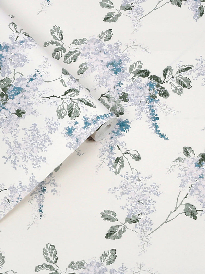 Laura Ashley Mirabelle wallpaper sample in Pale Seaspray, UK version