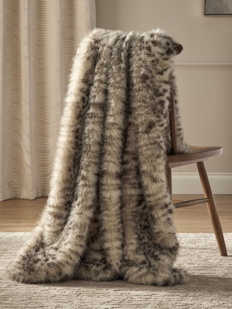 Faux fur throw snow leopard print grey - British product