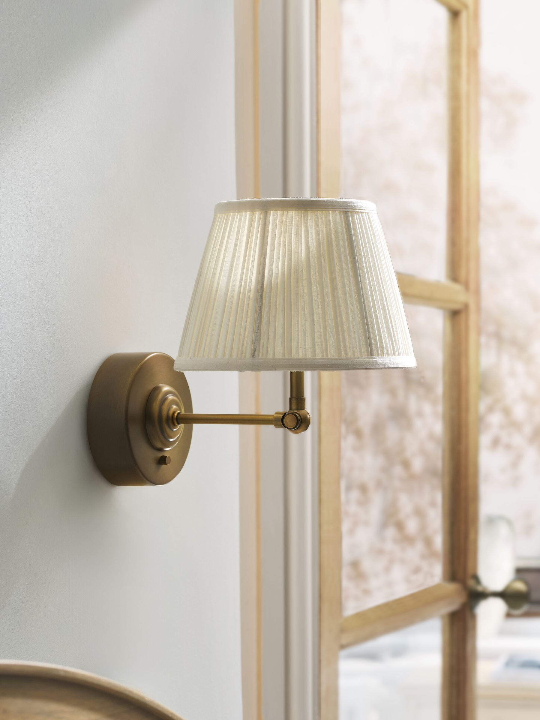Twyford rechargeable wall light antique brass fabric shade, imported from the UK