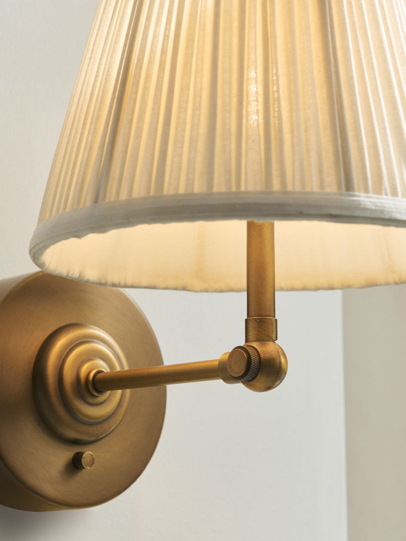 Twyford rechargeable wall light antique brass fabric shade, imported from the UK