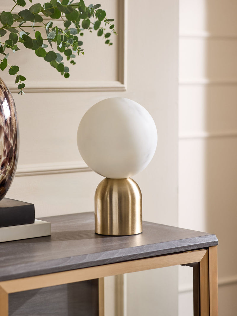 Brass Ebro rechargeable table lamp with faux alabaster shade, imported from the UK