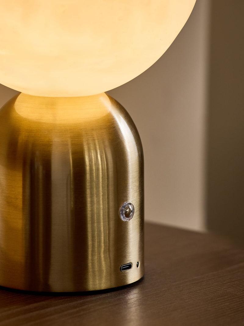 Brass Ebro rechargeable table lamp with faux alabaster shade, imported from the UK