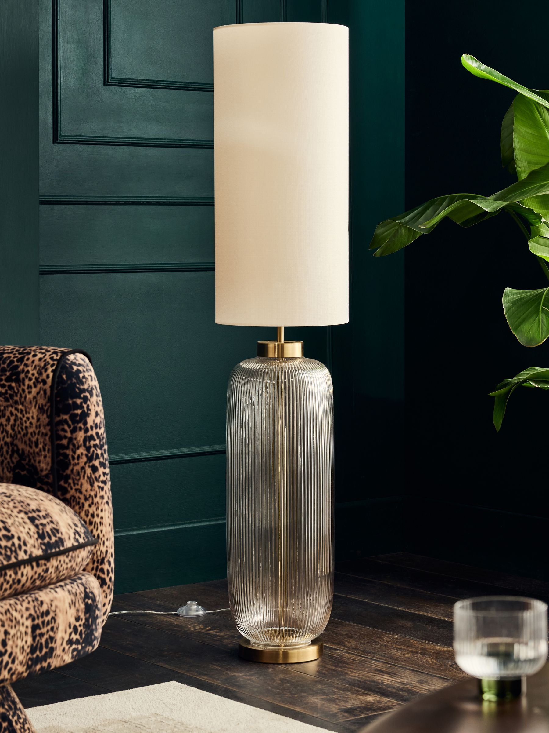 Lexington Brass Floor Lamp with ribbed glass base, imported from the UK