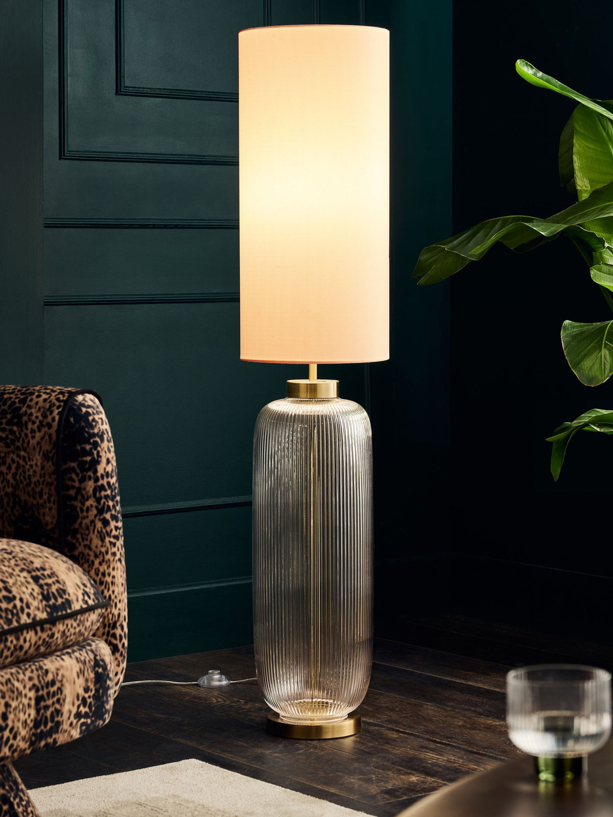 Lexington Brass Floor Lamp with ribbed glass base, imported from the UK