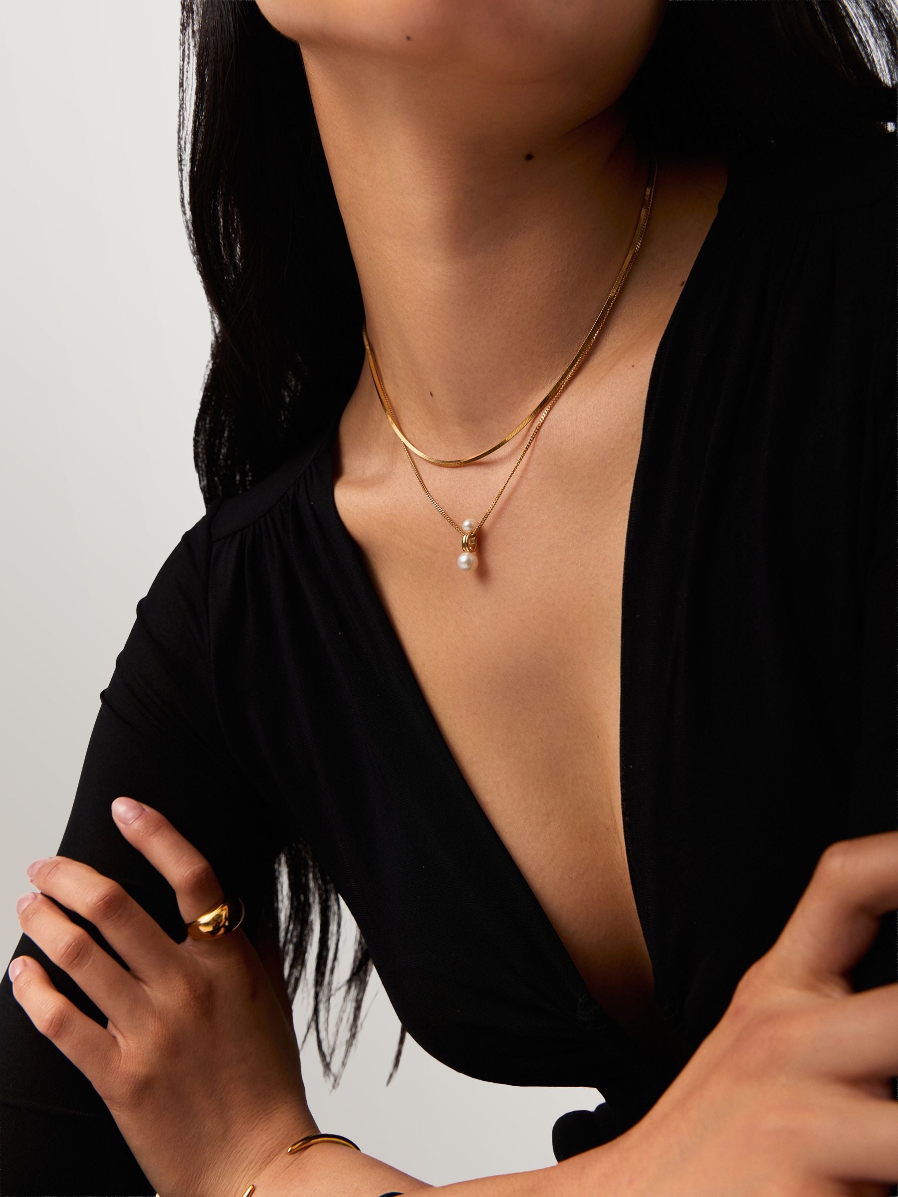 Missoma double pearl pendant necklace with gold curb chain (British brand)