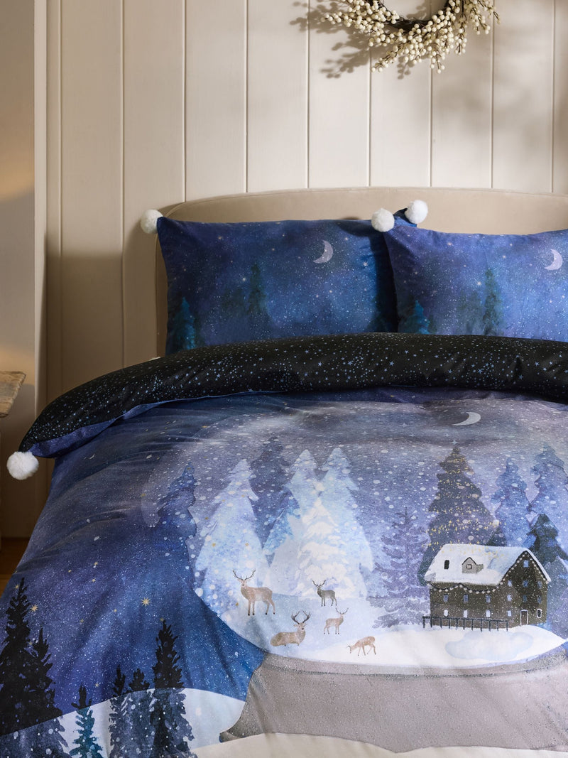 Blue snowglobe Christmas velvet duvet cover and pillowcase set - British product