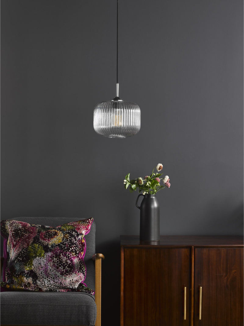 Dar Lighting Demarius ribbed glass pendant light, imported from the UK